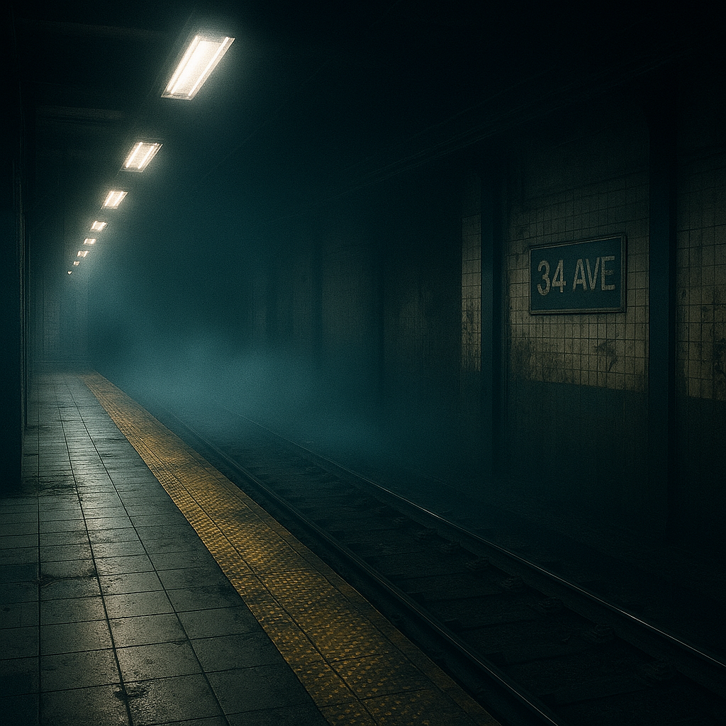 “Andén de metro vacío con luces parpadeantes y neblina nocturna”
